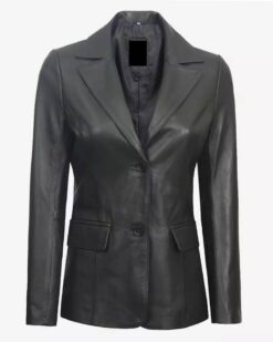 Womens Two Button Black Leather Blazer