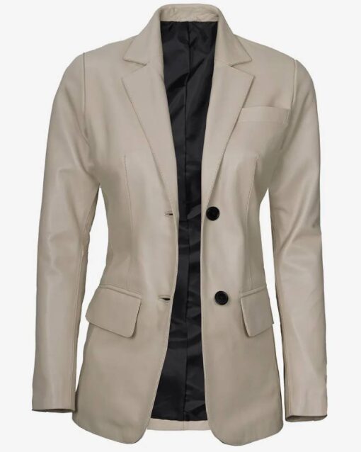 Womens Two Button Beige Leather Blazer