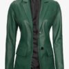 Womens Two Button Green Leather Blazer