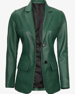 Womens Two Button Green Leather Blazer