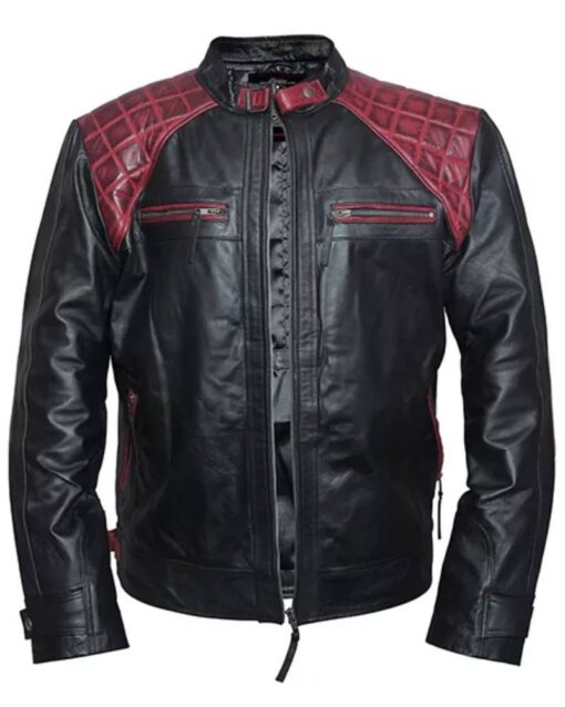 Mens Quilted Cafe Racer Leather Black And Maroon Jacket