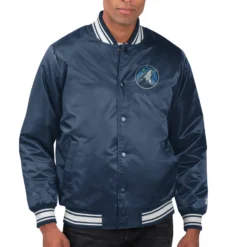 Men's Starter Navy Minnesota Timberwolves Printed Team Name Satin Varsity Full-Snap Jacket