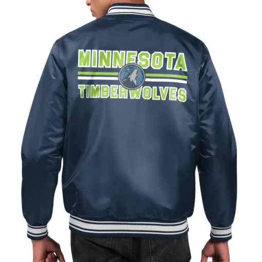 Men's Starter Navy Minnesota Timberwolves Printed Team Name Satin Varsity Full-Snap Jacket