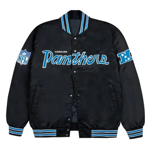 Men Carolina Panthers Blue Rib Bomber Black Satin Jacket Sale