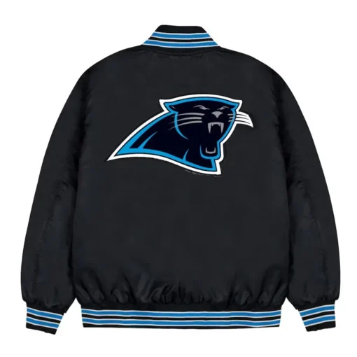 Men Carolina Panthers Blue Rib Bomber Black Satin Jacket Sale