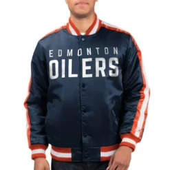 Men Edmonton Oilers O-Line Navy Varsity Satin Jacket Sale