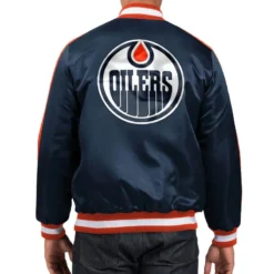 Men Edmonton Oilers O-Line Navy Varsity Satin Jacket Sale