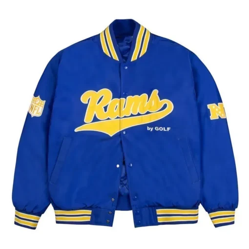 Men LA Rams Gold Rib Bomber Royal Blue Satin Jacket Sale