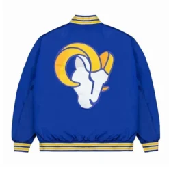 Men LA Rams Gold Rib Bomber Royal Blue Satin Jacket Sale