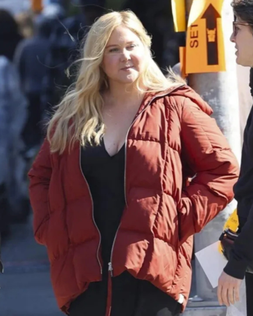 Lainy Newton Kinda Pregnant Movie 2025 Amy Schumer Red Puffer Hooded Jacket