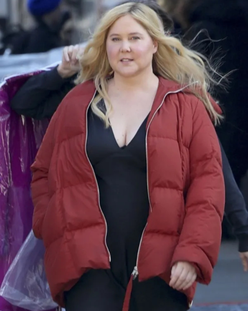 Lainy Newton Kinda Pregnant Movie 2025 Amy Schumer Red Puffer Hooded Jacket