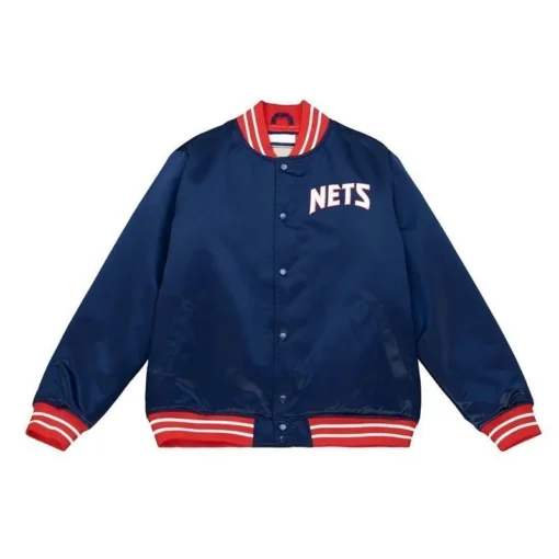 Men New Jersey Nets Heavyweight Navy Satin Jacket Sale